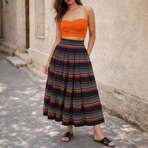 Vintage 1950s Lily Montez Pleated Midi Skirt Hand Stitched Stripe Rare XS